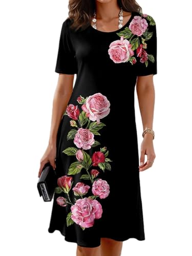 Onsoyours Damen Sommer Kurzarm Kleider Rundhals Bedruckte Kleider A-Linie Kleider Sommerkleider Freizeitkleider Midi Kleider Partykleid Strandkleider B Drucken-5 3XL von Onsoyours