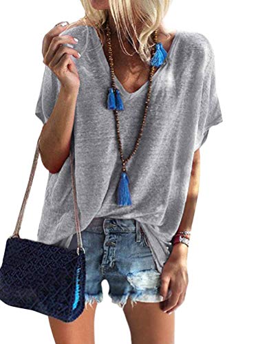 Onsoyours Damen Sommer Kurzarm T-Shirt V-Ausschnitte Loose Oversize Tunika Shirt Oberteile Grau DE 48 von Onsoyours