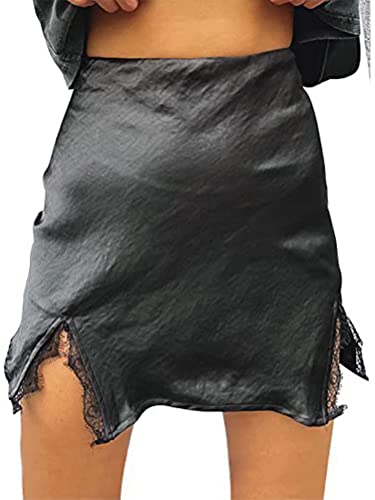 Onsoyours Damen Sommer Minirock Satin Rückenreißverschluss Spitze Ungefüttert Kurz Rock Hohe Taille Sexy Spice Girls Hüftpaket Rock A-Linie Rock Bodycon A Schwarz XS von Onsoyours