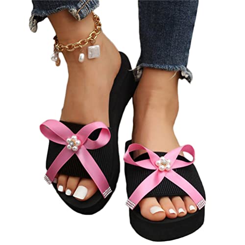 Onsoyours Damen Sommer Pantoletten Slip On Hausschuh Latschen Bequem Hausschuhe Slipper Sandalen Schlappen Weich Runde Zehe Clip Toe Flip Flop mit Strass Blumen Bowknot Jeweled A Rosa 41 EU von Onsoyours