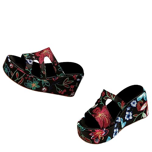 Onsoyours Damen Sommer Plateau Sandalen Keilabsatz Pantoletten Wedges Bestickt Sandaletten Vintage Peep Toe Schuhe Strandsandalen Floral Quadratischen Hausschuhe B Schwarz Rot 38 EU von Onsoyours