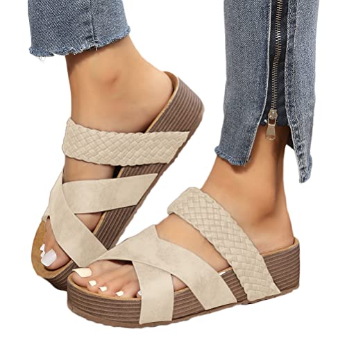 Onsoyours Damen Sommer Plateau Sandalen Keilabsatz Pantoletten Wedges Strass Sandaletten Vintage Freizeit Peep Toe Schuhe Geflochtene Schnur Strandsandalen Hausschuhe A Beige 39 EU von Onsoyours