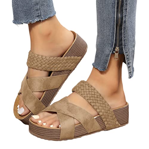 Onsoyours Damen Sommer Plateau Sandalen Keilabsatz Pantoletten Wedges Strass Sandaletten Vintage Freizeit Peep Toe Schuhe Geflochtene Schnur Strandsandalen Hausschuhe A Hellbraun 38 EU von Onsoyours