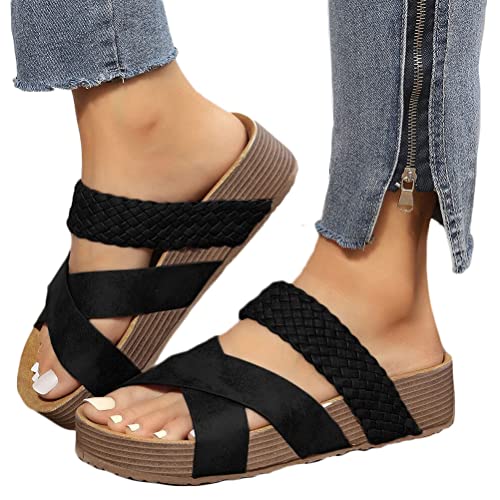 Onsoyours Damen Sommer Plateau Sandalen Keilabsatz Pantoletten Wedges Strass Sandaletten Vintage Freizeit Peep Toe Schuhe Geflochtene Schnur Strandsandalen Hausschuhe A Schwarz 40 EU von Onsoyours