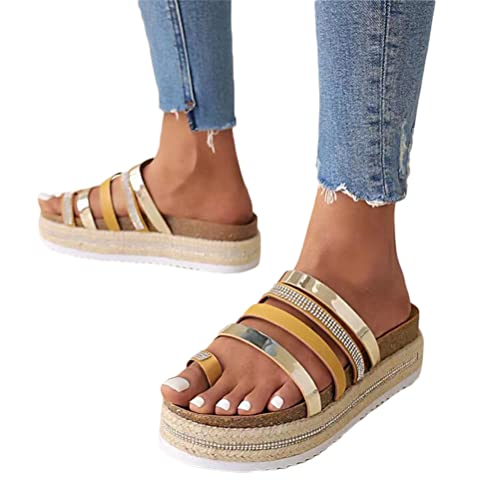 Onsoyours Damen Sommer Plateau Sandalen Keilabsatz Pantoletten Wedges Strass Sandaletten Vintage Freizeit Peep Toe Schuhe Geflochtene Schnur Strandsandalen Hausschuhe B Gold 37 EU von Onsoyours