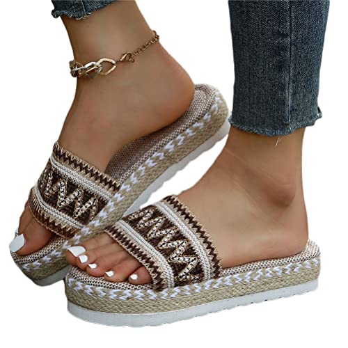 Onsoyours Damen Sommer Plateau Sandalen Keilabsatz Pantoletten Wedges Strass Sandaletten Vintage Freizeit Peep Toe Schuhe Geflochtene Schnur Strandsandalen Hausschuhe C Braun 38 EU von Onsoyours