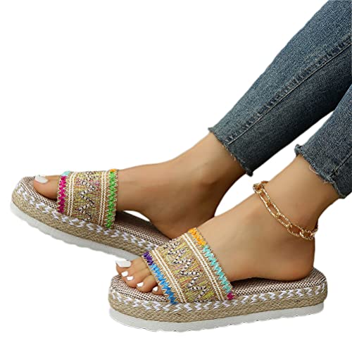 Onsoyours Damen Sommer Plateau Sandalen Keilabsatz Pantoletten Wedges Strass Sandaletten Vintage Freizeit Peep Toe Schuhe Geflochtene Schnur Strandsandalen Hausschuhe C Gelb 36 EU von Onsoyours