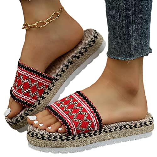 Onsoyours Damen Sommer Plateau Sandalen Keilabsatz Pantoletten Wedges Strass Sandaletten Vintage Freizeit Peep Toe Schuhe Geflochtene Schnur Strandsandalen Hausschuhe C Rot 35 EU von Onsoyours