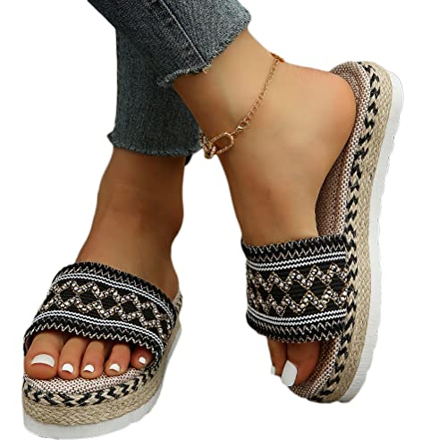 Onsoyours Damen Sommer Plateau Sandalen Keilabsatz Pantoletten Wedges Strass Sandaletten Vintage Freizeit Peep Toe Schuhe Geflochtene Schnur Strandsandalen Hausschuhe C Schwarz 38 EU von Onsoyours