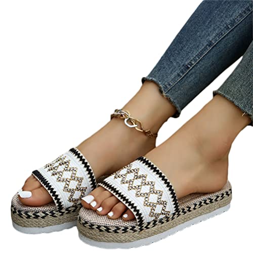 Onsoyours Damen Sommer Plateau Sandalen Keilabsatz Pantoletten Wedges Strass Sandaletten Vintage Freizeit Peep Toe Schuhe Geflochtene Schnur Strandsandalen Hausschuhe C Weiß 35 EU von Onsoyours