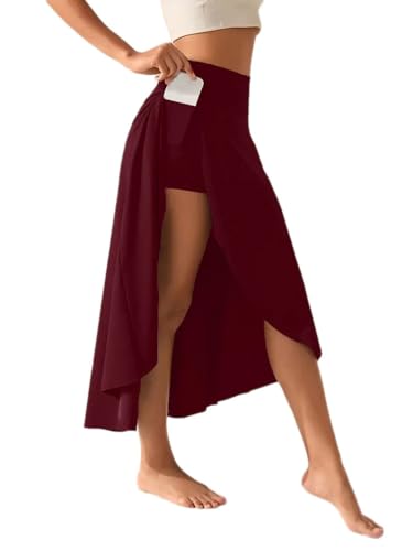 Onsoyours Damen Sommer Rock Ruffle Wickelrock Lang Asymmetrische Hohe Taille Tennisröcke mit Taschen Laufröcke Sport Golfrock mit Innenhose A Burgunderrot S von Onsoyours