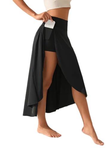 Onsoyours Damen Sommer Rock Ruffle Wickelrock Lang Asymmetrische Rock Hohe Taille Tennisröcke mit Taschen Laufröcke Sport Golfrock mit Innenhose A Schwarz XL von Onsoyours