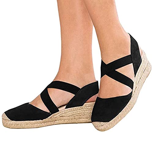 Onsoyours Damen Sommer Sandalen Espadrilles Wedge Mode Plateauschuhe Lace Up Platform Mode Casual Römersandalen A Schwarz 42 EU von Onsoyours