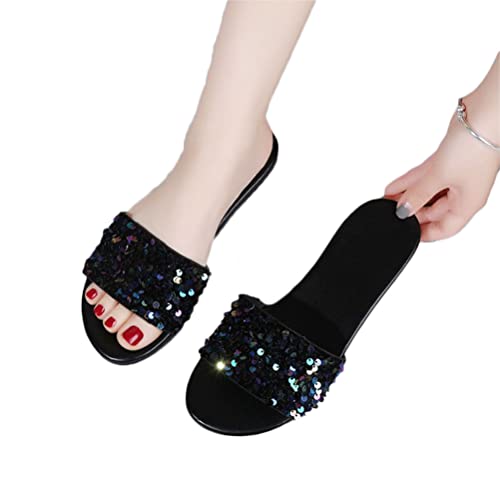 Onsoyours Damen Sommer Sandalen Flache Strass Sandaletten Römische Schuhe Elegante Glitzer Hausschuh Slipper Sandals Flip Flops Leicht Bequem Slippers Freizeitschuhe Sommerschuhe C Schwarz 38 EU von Onsoyours