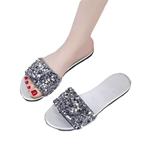 Onsoyours Damen Sommer Sandalen Flache Strass Sandaletten Römische Schuhe Elegante Glitzer Hausschuh Slipper Sandals Flip Flops Leicht Bequem Slippers Freizeitschuhe Sommerschuhe C Silber 36 EU von Onsoyours