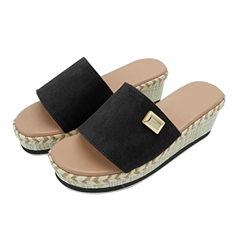 Onsoyours Damen Sommer Sandalen Lässige Flache Schuhe Plateau Flat Heel Elegant Espadrilles Römersandalen Pantoletten Peep Toe Flip Flop Schuhe Strandsandalen 37 EU A Schwarz von Onsoyours