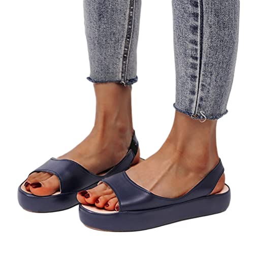 Onsoyours Damen Sommer Sandalen Offene Zehen Casual Keilsandalen mit Absatz Boho Strandsandalen Plateau Fischmund Einfarbig Sandalen PU Slip on Sommerschuhe A Blau 39 EU von Onsoyours