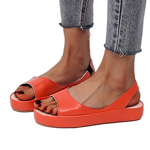 Onsoyours Damen Sommer Sandalen Offene Zehen Casual Keilsandalen mit Absatz Boho Strandsandalen Plateau Fischmund Einfarbig Sandalen PU Slip on Sommerschuhe A Orange 38 EU von Onsoyours