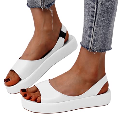 Onsoyours Damen Sommer Sandalen Offene Zehen Casual Keilsandalen mit Absatz Boho Strandsandalen Plateau Fischmund Einfarbig Sandalen PU Slip on Sommerschuhe A Weiß 37 EU von Onsoyours