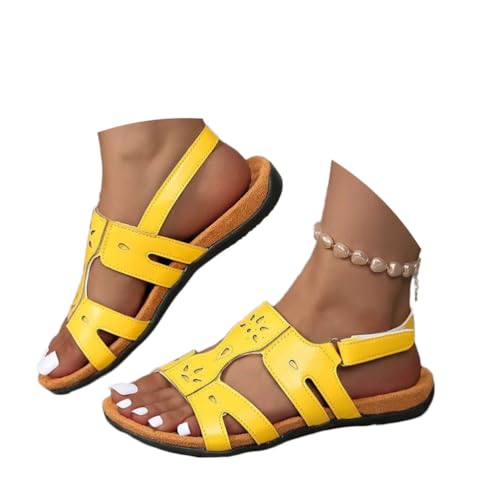 Onsoyours Damen Sommer Sandalen mit Klettverschluss Bequem Flach Sandaletten Offene Zehen Römersandalen Rutschfest Sommerschuhe Vintage Sandalen A Gelb 41 EU von Onsoyours