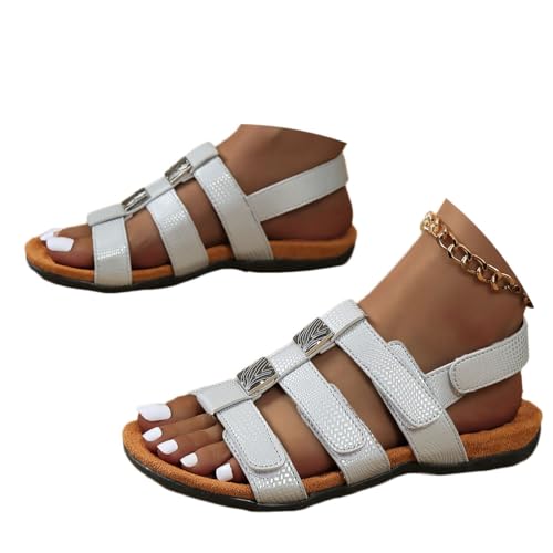 Onsoyours Damen Sommer Sandalen mit Klettverschluss Bequem Flach Sandaletten Offene Zehen Römersandalen Rutschfest Sommerschuhe Vintage Sandalen B Silber 41 EU von Onsoyours