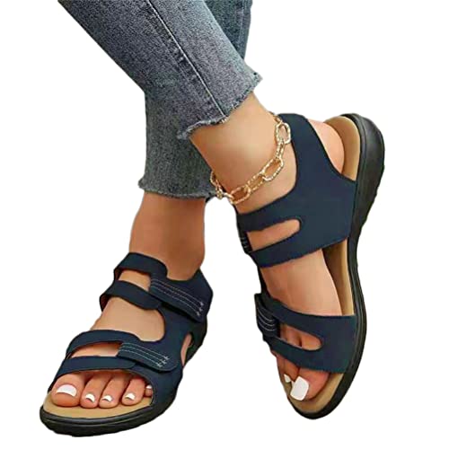 Onsoyours Damen Sommer Sandalen mit Klettverschluss Nähgarn Fischmaul Elegante Plateau Keilabsatz Sandaletten Offene Zehen Römersandalen Rutschfest Sommerschuhe D Dunkelblau 38 EU von Onsoyours