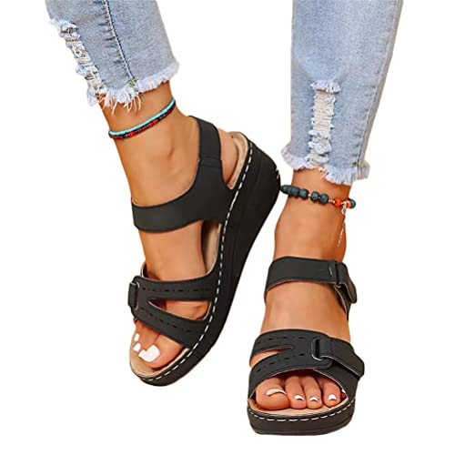 Onsoyours Damen Sommer Sandalen mit Klettverschluss Nähgarn Fischmaul Elegante Plateau Keilabsatz Sandaletten Offene Zehen Römersandalen Rutschfest Sommerschuhe E Schwarz 37 EU von Onsoyours