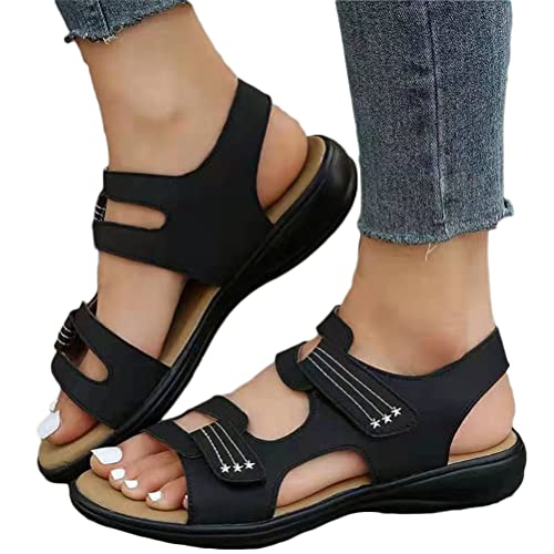 Onsoyours Damen Sommer Sandalen mit Klettverschluss Nähgarn Fischmaul Elegante Plateau Keilabsatz Sandaletten Offene Zehen Römersandalen Rutschfest Sommerschuhe D Schwarz 39 EU von Onsoyours
