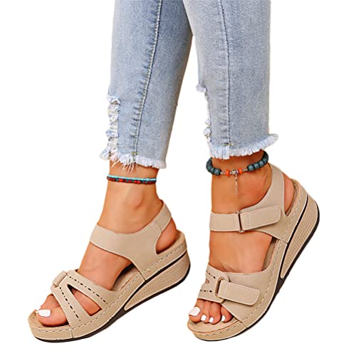 Onsoyours Damen Sommer Sandalen mit Klettverschluss Nähgarn Fischmaul Elegante Plateau Keilabsatz Sandaletten Offene Zehen Römersandalen Rutschfest Sommerschuhe E Beige 39 EU von Onsoyours