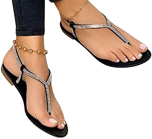 Onsoyours Damen Sommer Sandalen mit Strass Perlen Bohemia Strand Schuhe Freizeit Flach Sandalette B Schwarz 40 EU von Onsoyours