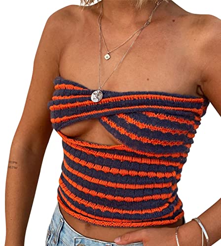 Onsoyours Damen Sommer Sexy Tube Top Y2K Striped Twist Front Strick Oberteil Trägerloses Crop Tops Aushöhlen Ärmelloses Rückenfreies Schlauchtop A Marine 01 XS von Onsoyours