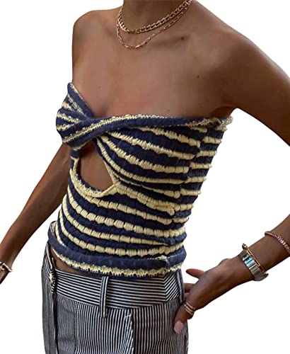 Onsoyours Damen Sommer Sexy Tube Top Y2K Striped Twist Front Strick Oberteil Trägerloses Crop Tops Aushöhlen Ärmelloses Rückenfreies Schlauchtop A Marine 02 XS von Onsoyours