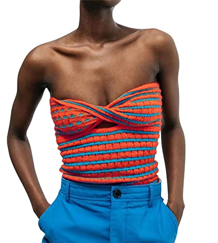 Onsoyours Damen Sommer Sexy Tube Top Y2K Striped Twist Front Strick Oberteil Trägerloses Crop Tops Aushöhlen Ärmelloses Rückenfreies Schlauchtop A Orange XS von Onsoyours