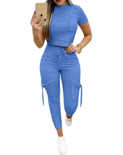 Onsoyours Damen Sommer Sportanzug 2-Teiliger Trainingsanzüge Schlankes Kurzärmliges Oberteil Hosen mit Tunnelzugtaschen Zweiteiliger Anzug Jogginganzug Blau L von Onsoyours