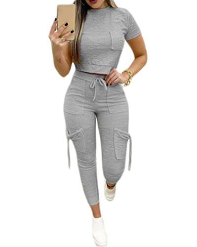 Onsoyours Damen Sommer Sportanzug 2-Teiliger Trainingsanzüge Schlankes Kurzärmliges Oberteil Hosen mit Tunnelzugtaschen Zweiteiliger Anzug Jogginganzug Grau XS von Onsoyours