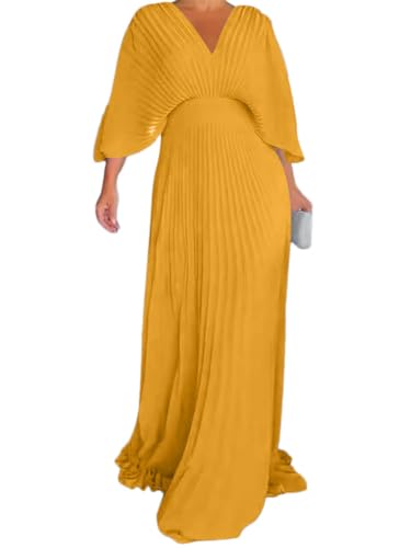 Onsoyours Damen Sommer V-Ausschnitt Fledermaus Langkleider Kurzarm Maxikleid Casual Lose Hohe Taille Flowy Lange Strandkleid Einfarbig Partykleid A Gelb L von Onsoyours