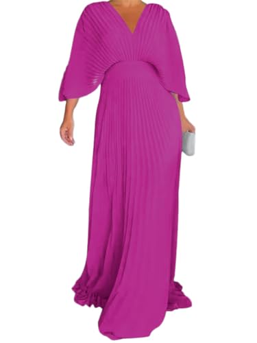 Onsoyours Damen Sommer V-Ausschnitt Fledermaus Langkleider Kurzarm Maxikleid Casual Lose Hohe Taille Flowy Lange Strandkleid Einfarbig Partykleid A Lila M von Onsoyours