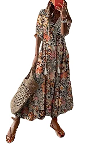 Onsoyours Damen Sommer V-Ausschnitt Lang Wickelkleider Casual Kurzarm Blumen Boho Rüschen Maxikleider Strandkleider Swing Freizeitkleid Strandkleid Cocktailkleid Braun XL von Onsoyours