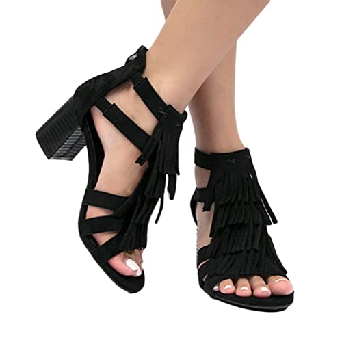 Onsoyours Damen Sommer Wildleder Sandalen mit Blockabsatz Quaste Peep Toe Sandalen Hochhackige Sandalen Fischmaul Römische Sandalen High Heels A Schwarz 41 EU von Onsoyours