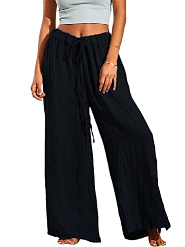 Onsoyours Damen Sommerhose Casual Einfarbig Freizeithose Strandhose Mit Kordelzug Bequeme Leinenhose Leicht Weites Bein Hosen Mit Geradem Bein Geteilt Stoffhose Beach Pants A Schwarz 3XL von Onsoyours