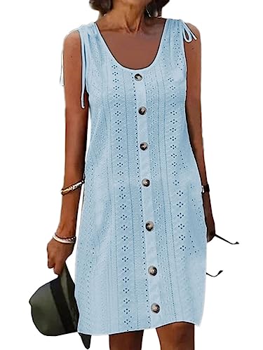 Onsoyours Damen Sommerkleid Ärmellos Strandkleid U-Ausschnitt Minikleid Knielang Kleider Vintage T-Shirt Kleid mit Knopfleiste Freizetkleid A Blau S von Onsoyours