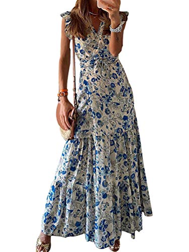 Onsoyours Damen Sommerkleid Boho Kleid Lange Ärmel Strandkleid Wickel Kimono V Ausschnitt Maxikleider Cocktailkleider Blau 42 von Onsoyours