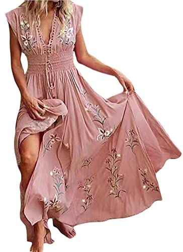 Onsoyours Damen Sommerkleid Chiffon Boho Lange Kleid Mit Gürtel Partykleid Elegant V-Ausschnitt Maxikleid Blumenkleid Abendkleid Rüschen Strandkleid Cocktailkleid 04 Rosa 38 von Onsoyours