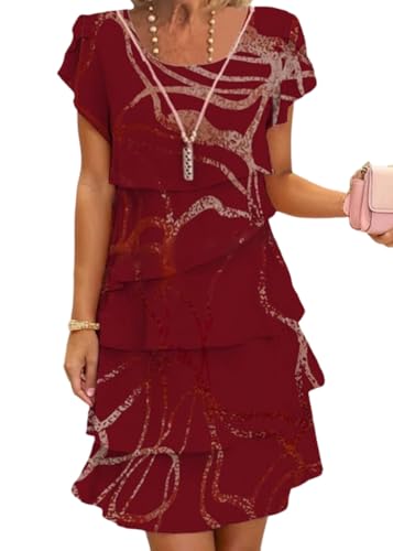 Onsoyours Damen Sommerkleid Chiffon Rundhals Elegant Kurzes Abendkleid Blumendruck Kurzarm Minikleid Leicht Und Luftig Freizeitkleid Rüschen Cocktailkleid A01 Weinrot L von Onsoyours