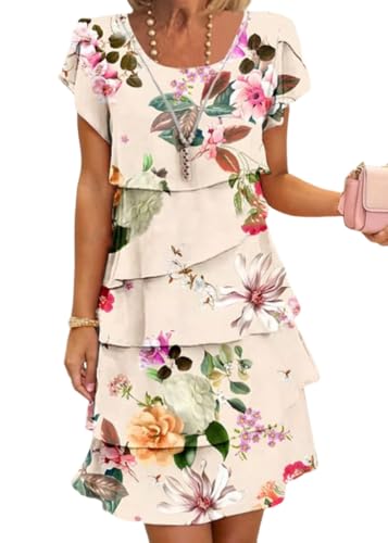 Onsoyours Damen Sommerkleid Chiffon Rundhals Elegant Kurzes Abendkleid Blumendruck Kurzarm Minikleid Leicht Und Luftig Freizeitkleid Rüschen Cocktailkleid A03 Aprikose M von Onsoyours