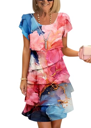 Onsoyours Damen Sommerkleid Chiffon Rundhals Elegant Kurzes Abendkleid Blumendruck Kurzarm Minikleid Leicht Und Luftig Freizeitkleid Rüschen Cocktailkleid B07 Mehrfarbig L von Onsoyours