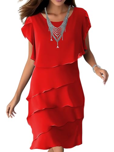 Onsoyours Damen Sommerkleid Chiffon Rundhalsausschnitt Cocktailkleid Knielang Abendkleid Kurz Festkleid A Linie Kleid Patchwork Freizeitkleid Elegant Hochzeitsgäste Minikleid E Rot XL von Onsoyours