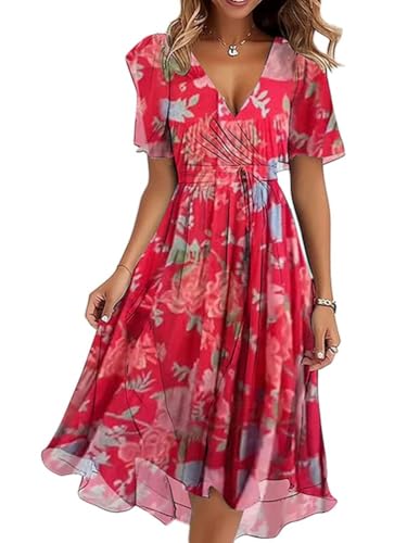 Onsoyours Damen Sommerkleid Chiffon V-Ausschnitt Cocktailkleid Elegant Knielang Abendkleid Blumendruck Kurzarm Hochzeitsgäste Festkleid A Linie Kleid Freizeitkleid A01 Rot XL von Onsoyours