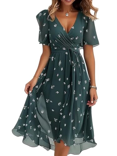 Onsoyours Damen Sommerkleid Chiffon V-Ausschnitt Cocktailkleid Elegant Knielang Abendkleid Blumendruck Kurzarm Hochzeitsgäste Festkleid A Linie Kleid Freizeitkleid A02 Grün M von Onsoyours