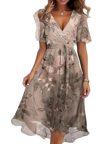 Onsoyours Damen Sommerkleid Chiffon V-Ausschnitt Cocktailkleid Elegant Knielang Abendkleid Blumendruck Kurzarm Hochzeitsgäste Festkleid A Linie Kleid Freizeitkleid A03 Gold XL von Onsoyours